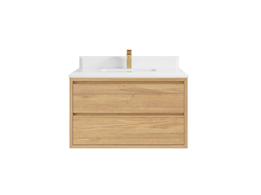 Madison Floating Teak 36 in. W x 22 in. D Single Sink Bathroom Vanity in Light Natural with 1.5 in White Quartz Countertop