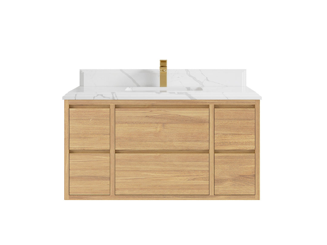 Madison Floating Teak 42 in. W x 22 in. D Single Sink Bathroom Vanity in Light Natural with 1.5 in Calacatta Laza Quartz Countertop