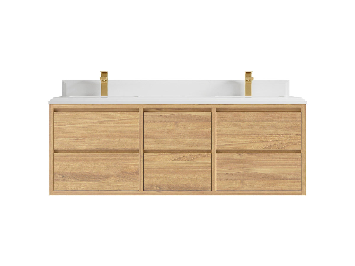 Madison Floating Teak 60 in. W x 22 in. D Double Sink Bathroom Vanity in Light Natural with 1.5 in White Quartz Countertop