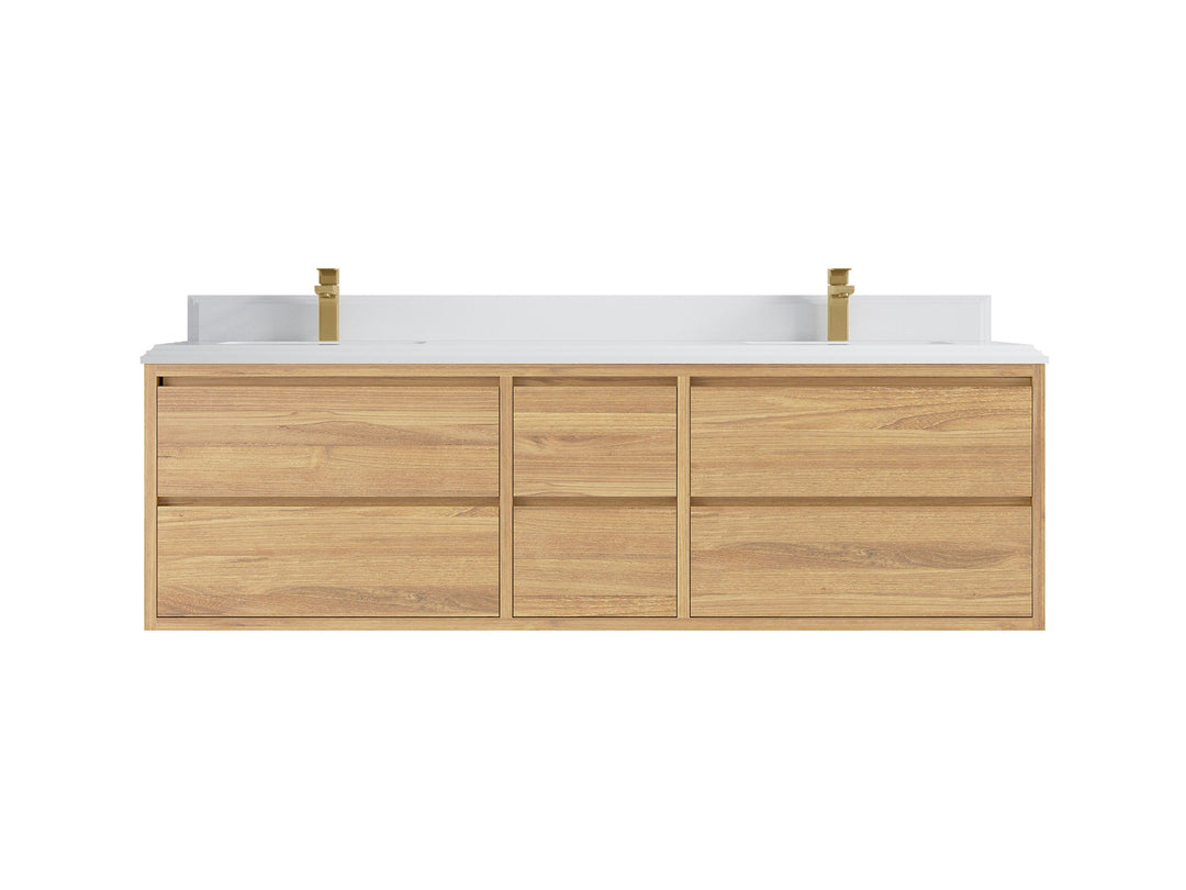 Madison Floating Teak 72 in. W x 22 in. D Double Sink Bathroom Vanity in Light Natural with 1.5 in White Quartz Countertop