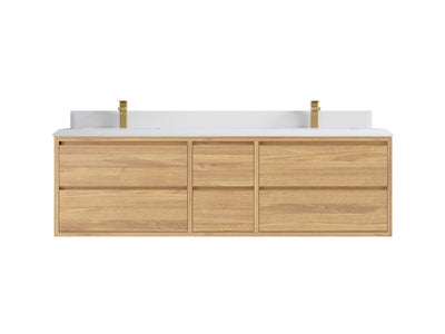 Madison Floating Teak 72 in. W x 22 in. D Double Sink Bathroom Vanity in Light Natural with 1.5 in White Quartz Countertop