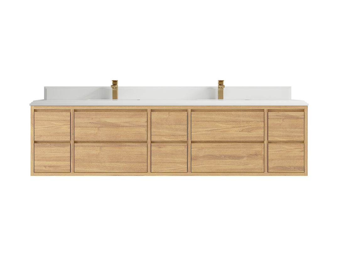 Madison Floating Teak 84 in. W x 22 in. D Double Sink Bathroom Vanity in Light Natural with 1.5 in White Quartz Countertop