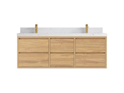 Madison Floating Teak 60 in. W x 22 in. D Double Sink Bathroom Vanity in Light Natural with 2 in Empira White Quartz Countertop
