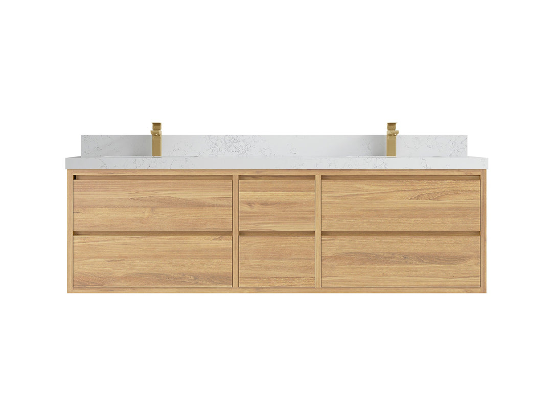 Madison Floating Teak 72 in. W x 22 in. D Double Sink Bathroom Vanity in Light Natural with 2 in Empira White Quartz Countertop