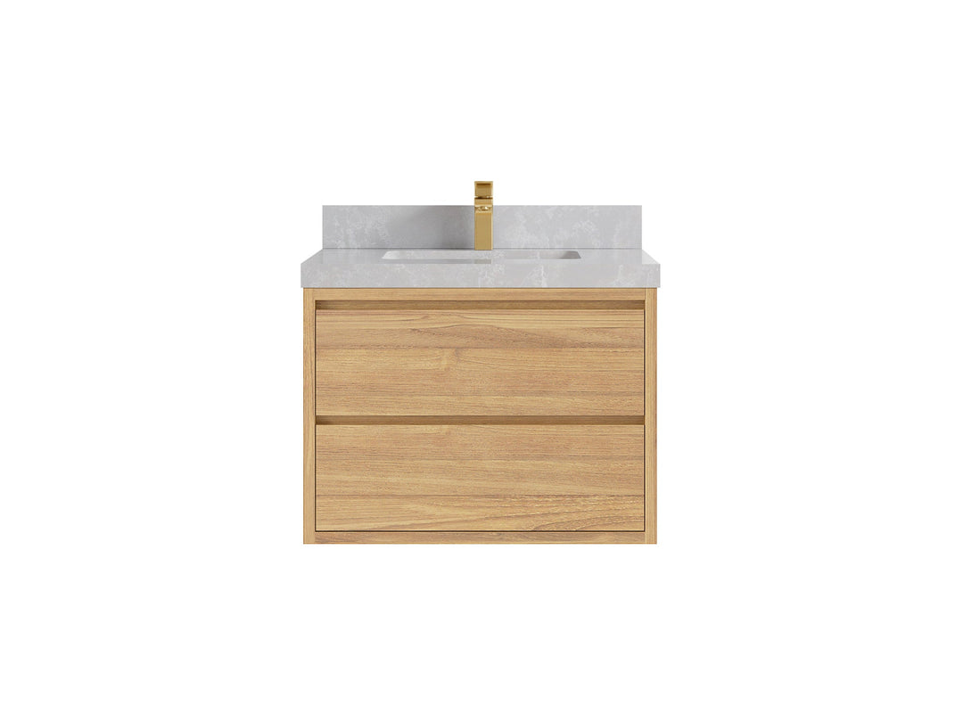 Madison Floating Teak 30 in. W x 22 in. D Single Sink Bathroom Vanity in Light Natural with 2 in Pearl Light Gray Quartz Countertop 