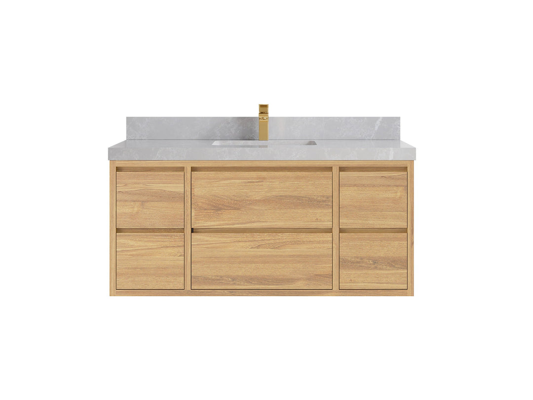 Madison Floating Teak 48 in. W x 22 in. D Single Sink Bathroom Vanity in Light Natural with 2 in Pearl Light Gray Quartz Countertop 
