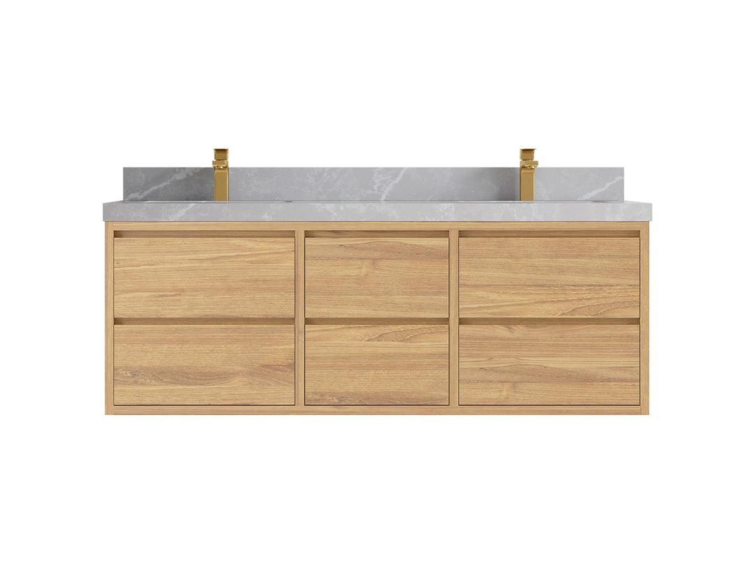 Madison Floating Teak 60 in. W x 22 in. D Double Sink Bathroom Vanity in Light Natural with 2 in Pearl Light Gray Quartz Countertop 