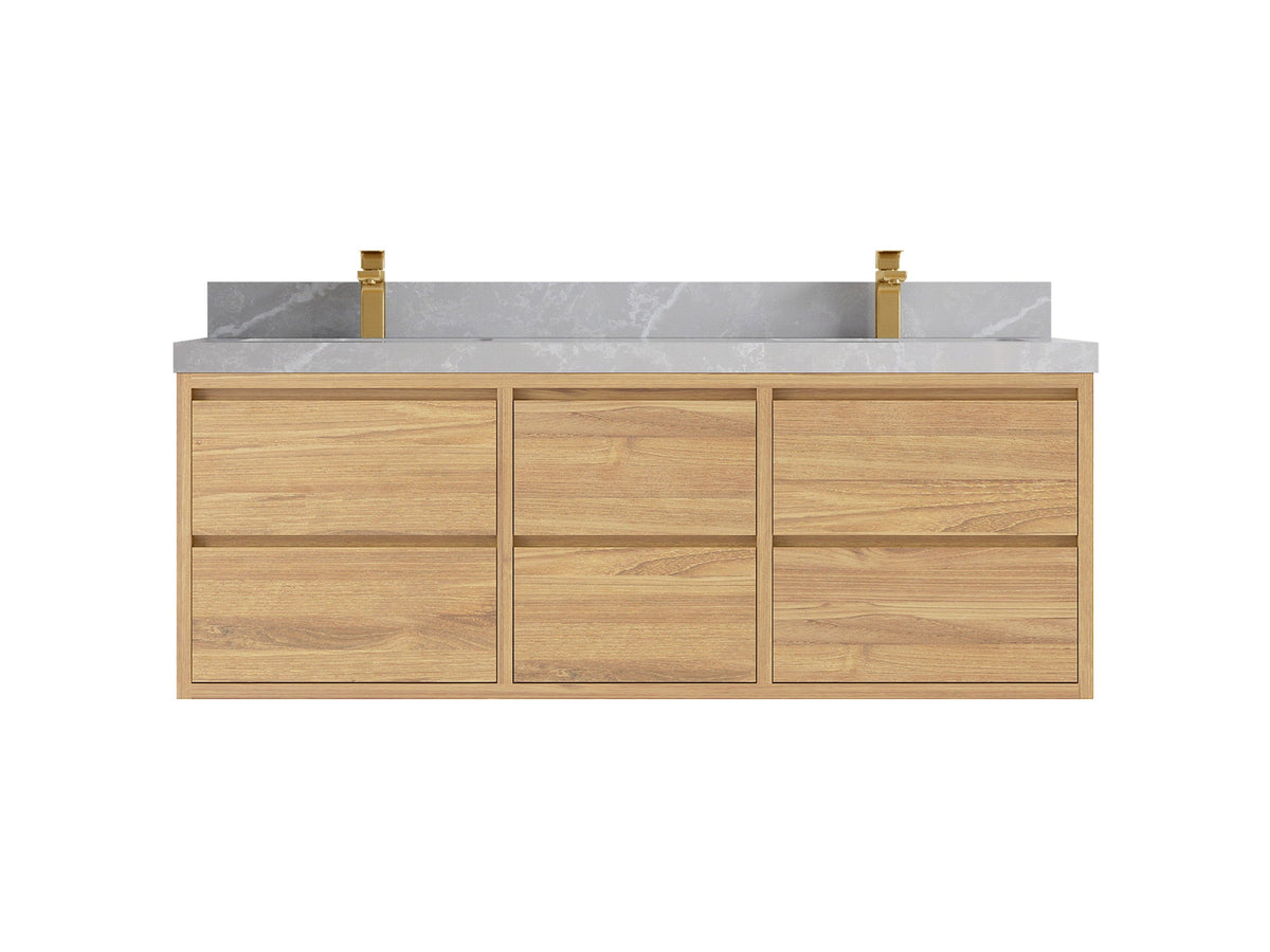 Madison Floating Teak 60 in. W x 22 in. D Double Sink Bathroom Vanity in Light Natural with 2 in Pearl Light Gray Quartz Countertop