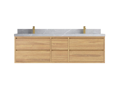 Madison Floating Teak 72 in. W x 22 in. D Double Sink Bathroom Vanity in Light Natural with 2 in Pearl Light Gray Quartz Countertop