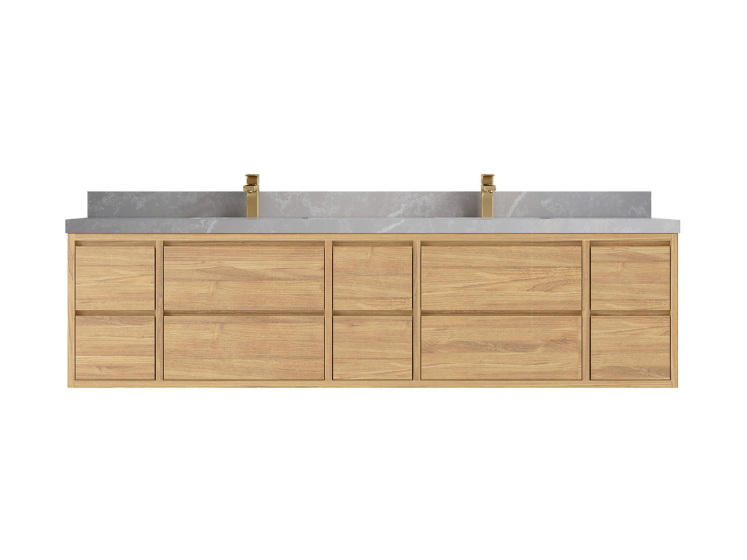 Madison Floating Teak 84 in. W x 22 in. D Double Sink Bathroom Vanity in Light Natural with 2 in Pearl Light Gray Quartz Countertop 