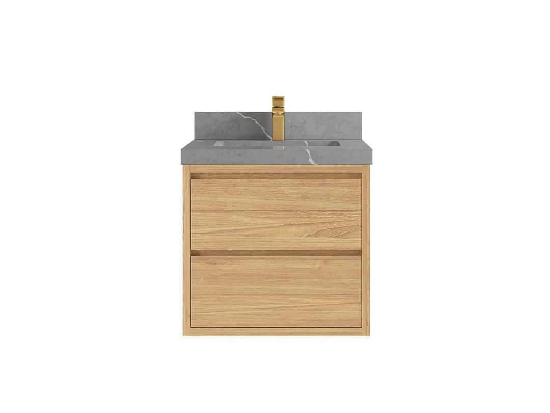 Madison Floating Teak 24 in. W x 22 in. D Single Sink Bathroom Vanity in Light Natural with 2 in Piatra Gray Quartz Countertop