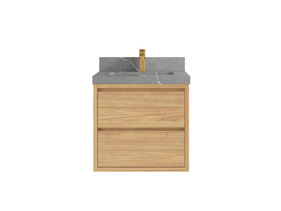 Madison Floating Teak 24 in. W x 22 in. D Single Sink Bathroom Vanity in Light Natural with 2 in Piatra Gray Quartz Countertop