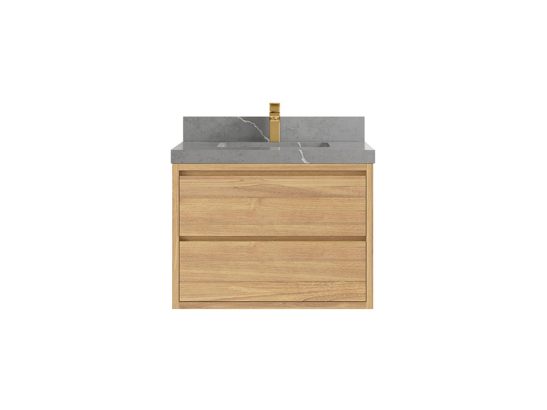 Madison Floating Teak 30 in. W x 22 in. D Single Sink Bathroom Vanity in Light Natural with 2 in Piatra Gray Quartz Countertop