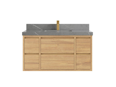Madison Floating Teak 42 in. W x 22 in. D Single Sink Bathroom Vanity in Light Natural with 2 in Piatra Gray Quartz Countertop