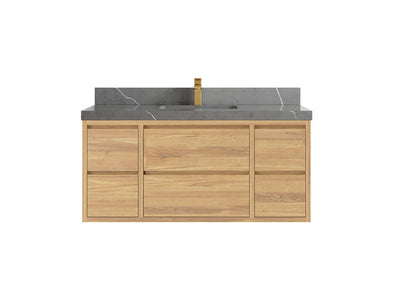 Madison Floating Teak 48 in. W x 22 in. D Single Sink Bathroom Vanity in Light Natural with 2 in Piatra Gray Quartz Countertop