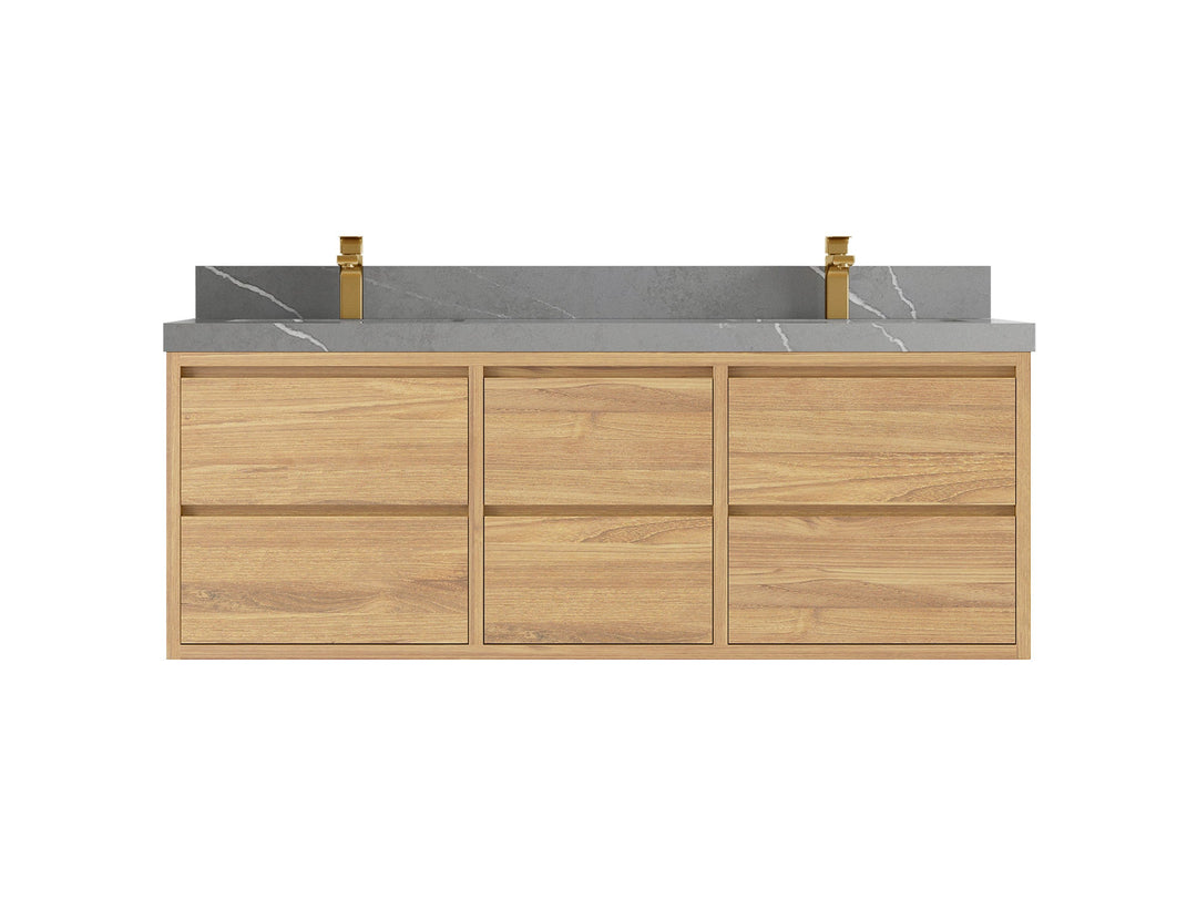Madison Floating Teak 60 in. W x 22 in. D Double Sink Bathroom Vanity in Light Natural with 2 in Piatra Gray Quartz Countertop