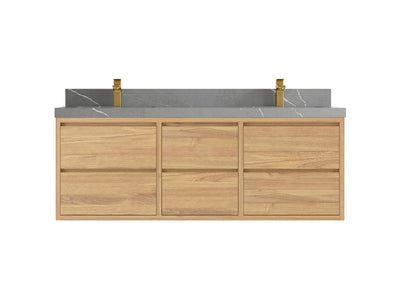 Madison Floating Teak 60 in. W x 22 in. D Double Sink Bathroom Vanity in Light Natural with 2 in Piatra Gray Quartz Countertop
