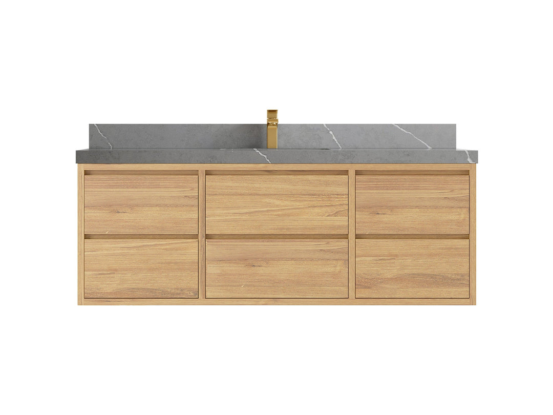 Madison Floating Teak 60 in. W x 22 in. D Single Sink Bathroom Vanity in Light Natural with 2 in Piatra Gray Quartz Countertop