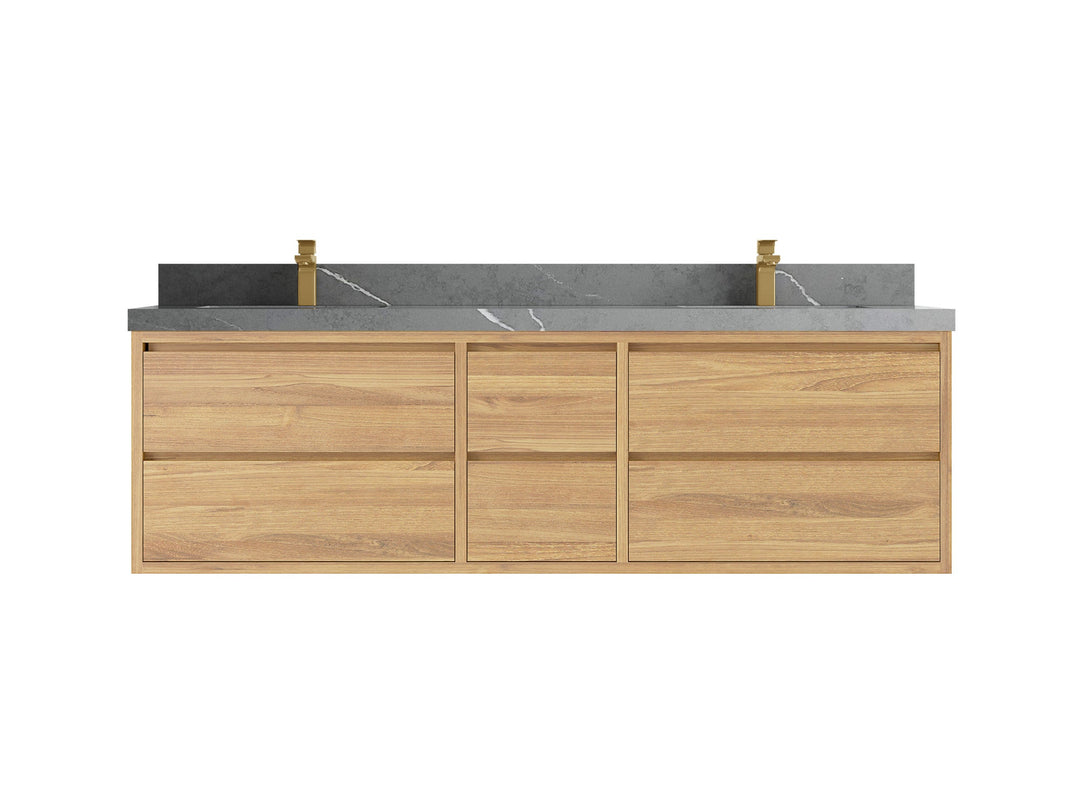 Madison Floating Teak 72 in. W x 22 in. D Double Sink Bathroom Vanity in Light Natural with 2 in Piatra Gray Quartz Countertop
