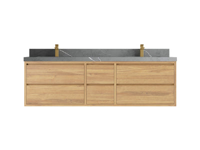 Madison Floating Teak 72 in. W x 22 in. D Double Sink Bathroom Vanity in Light Natural with 2 in Piatra Gray Quartz Countertop