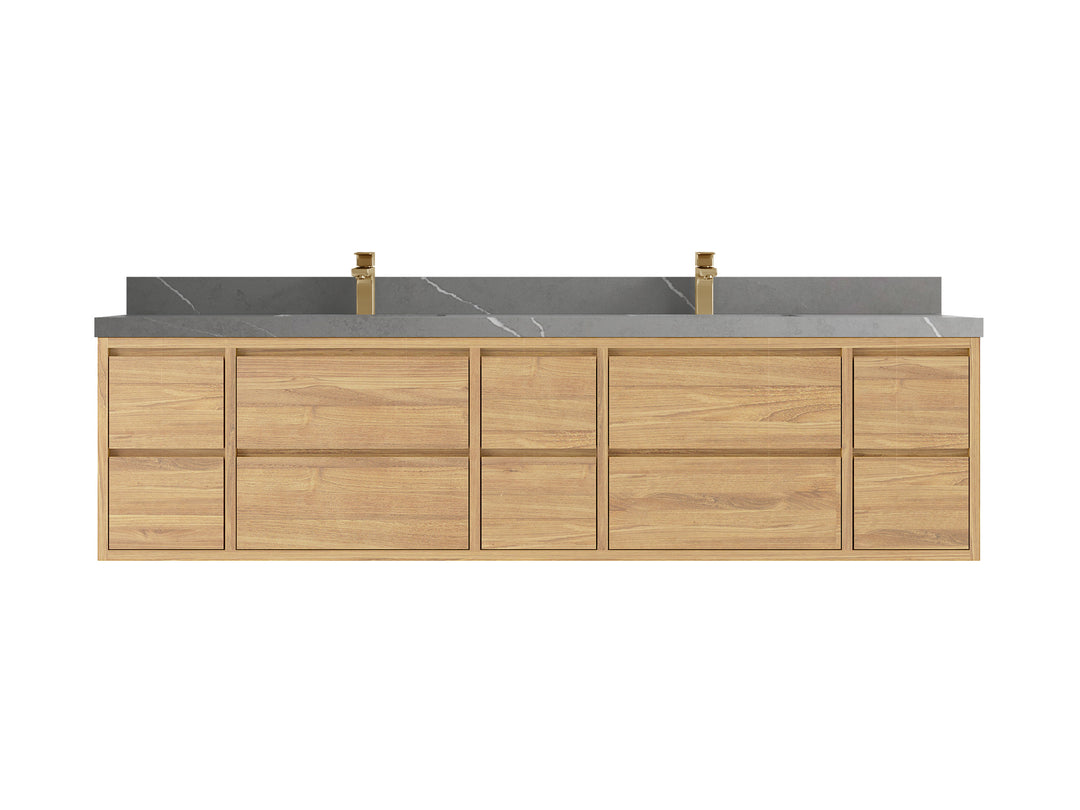 Madison Floating Teak 84 in. W x 22 in. D Double Sink Bathroom Vanity in Light Natural with 2 in Piatra Gray Quartz Countertop