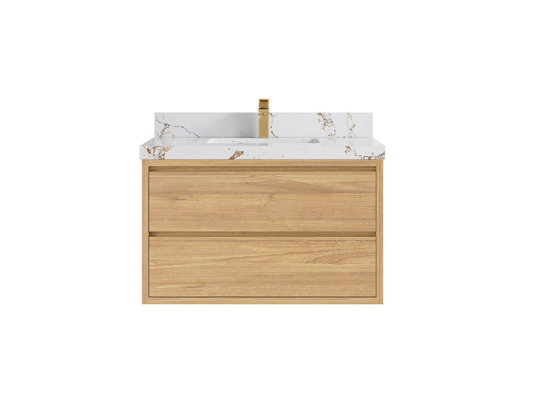 Madison Floating Teak 36 in. W x 22 in. D Single Sink Bathroom Vanity in Light Natural with 2 in Viola Gold Quartz Countertop 