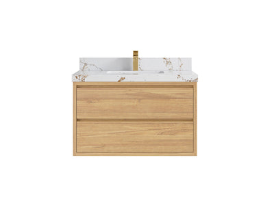 Madison Floating Teak 36 in. W x 22 in. D Single Sink Bathroom Vanity in Light Natural with 2 in Viola Gold Quartz Countertop