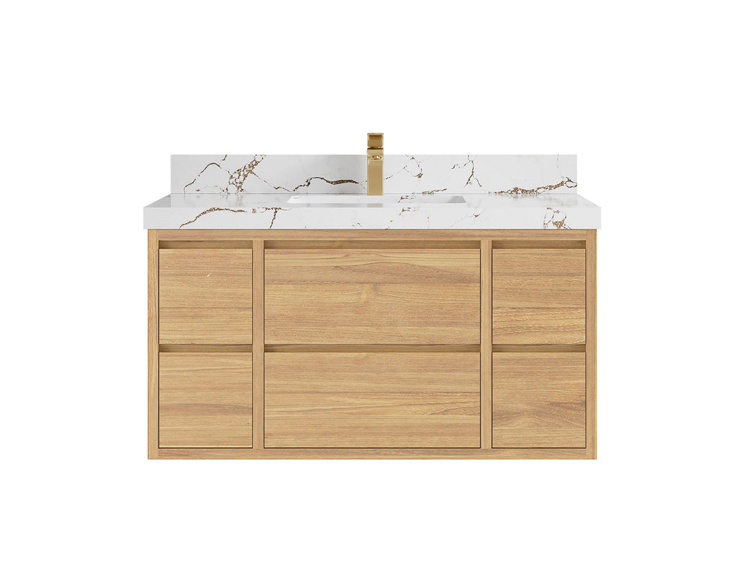 Madison Floating Teak 42 in. W x 22 in. D Single Sink Bathroom Vanity in Light Natural with 2 in Viola Brown Quartz Countertop 