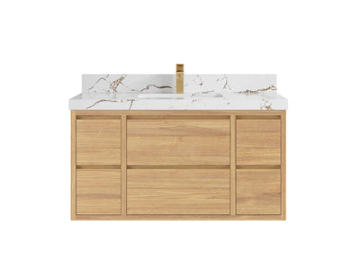 Madison Floating Teak 42 in. W x 22 in. D Single Sink Bathroom Vanity in Light Natural with 2 in Viola Brown Quartz Countertop