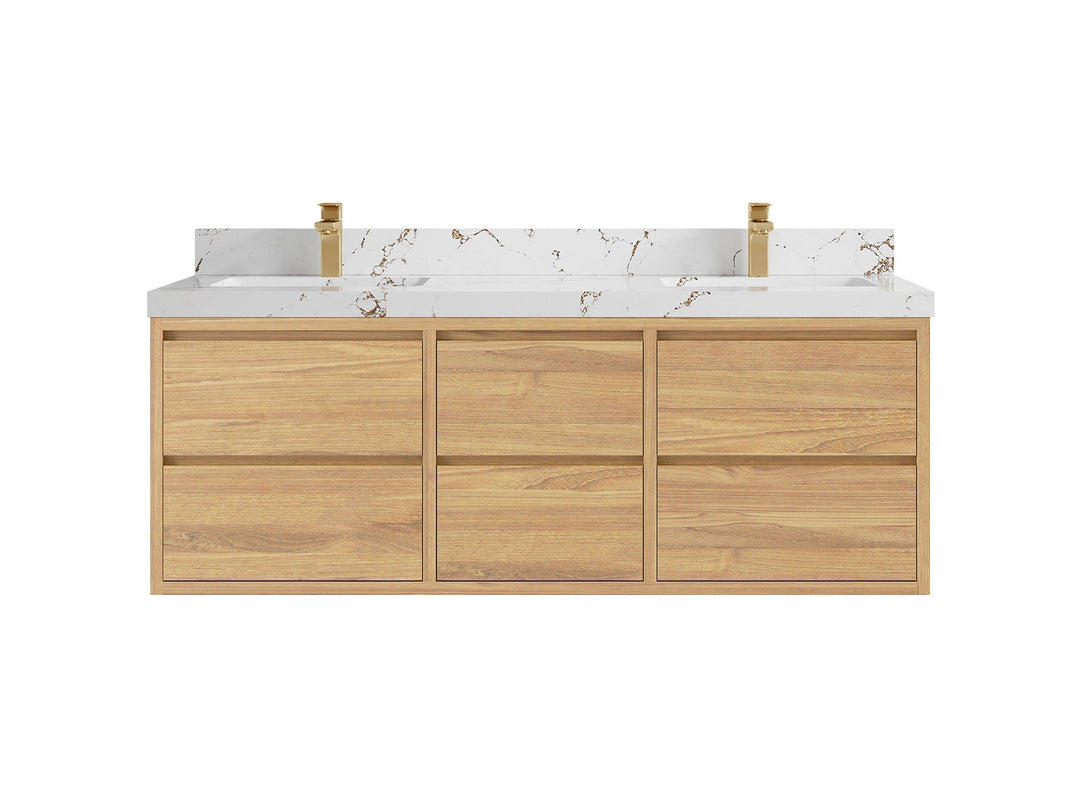 Madison Floating Teak 60 in. W x 22 in. D Double Sink Bathroom Vanity in Light Natural with 2 in Viola Brown Quartz Countertop 