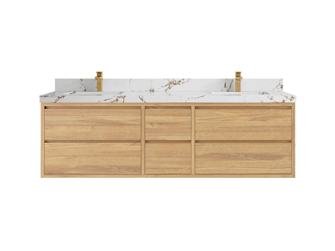 Madison Floating Teak 72 in. W x 22 in. D Double Sink Bathroom Vanity in Light Natural with 2 in Viola Brown Quartz Countertop 