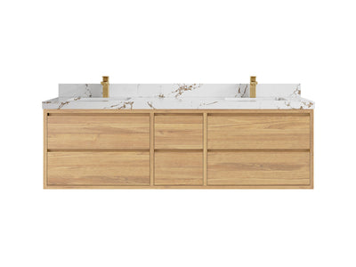 Madison Floating Teak 72 in. W x 22 in. D Double Sink Bathroom Vanity in Light Natural with 2 in Viola Brown Quartz Countertop