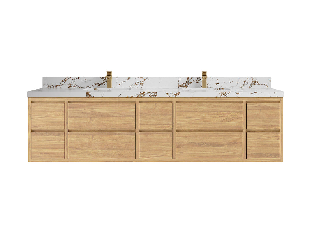 Madison Floating Teak 84 in. W x 22 in. D Double Sink Bathroom Vanity in Light Natural with 2 in Viola Brown Quartz Countertop 