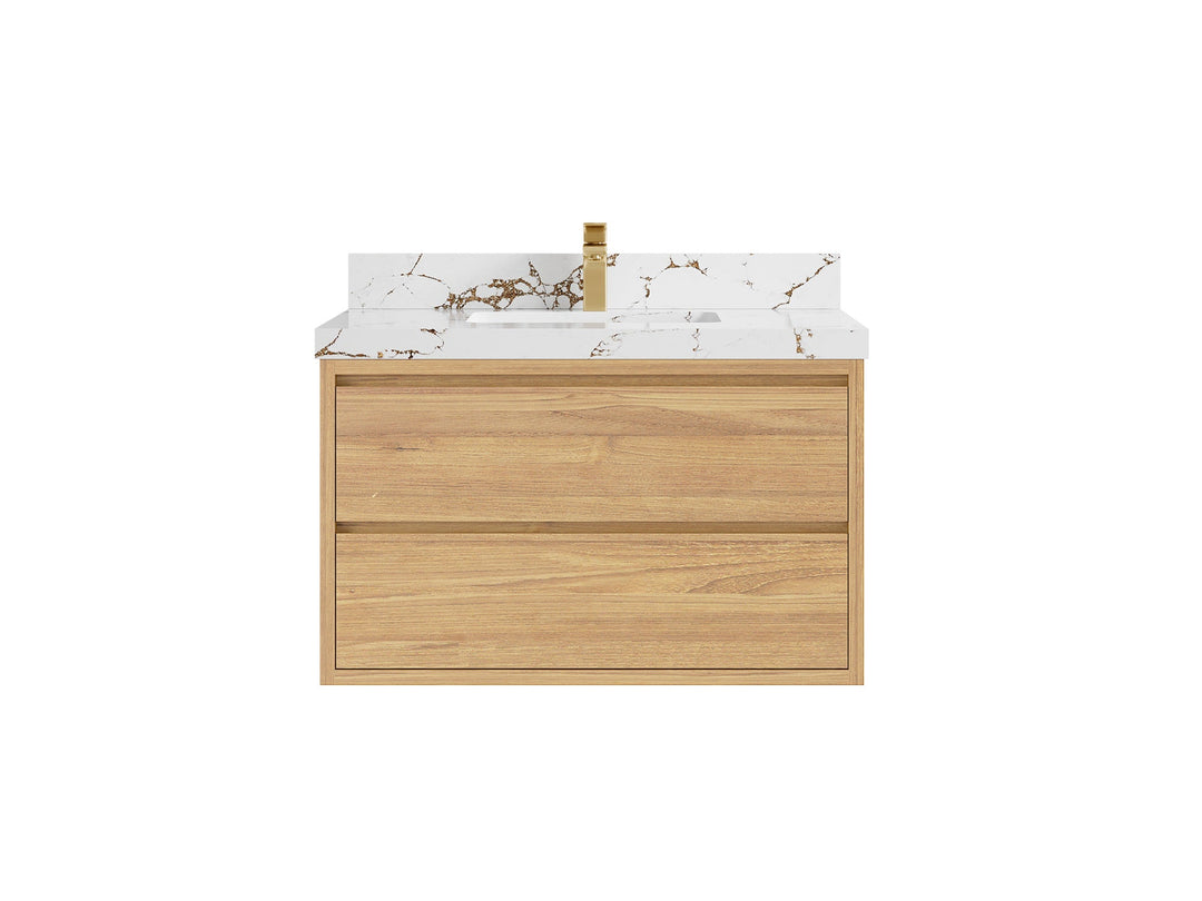 Madison Floating Teak 36 in. W x 22 in. D Single Sink Bathroom Vanity in Light Natural with 2 in Viola Brown Quartz Countertop 