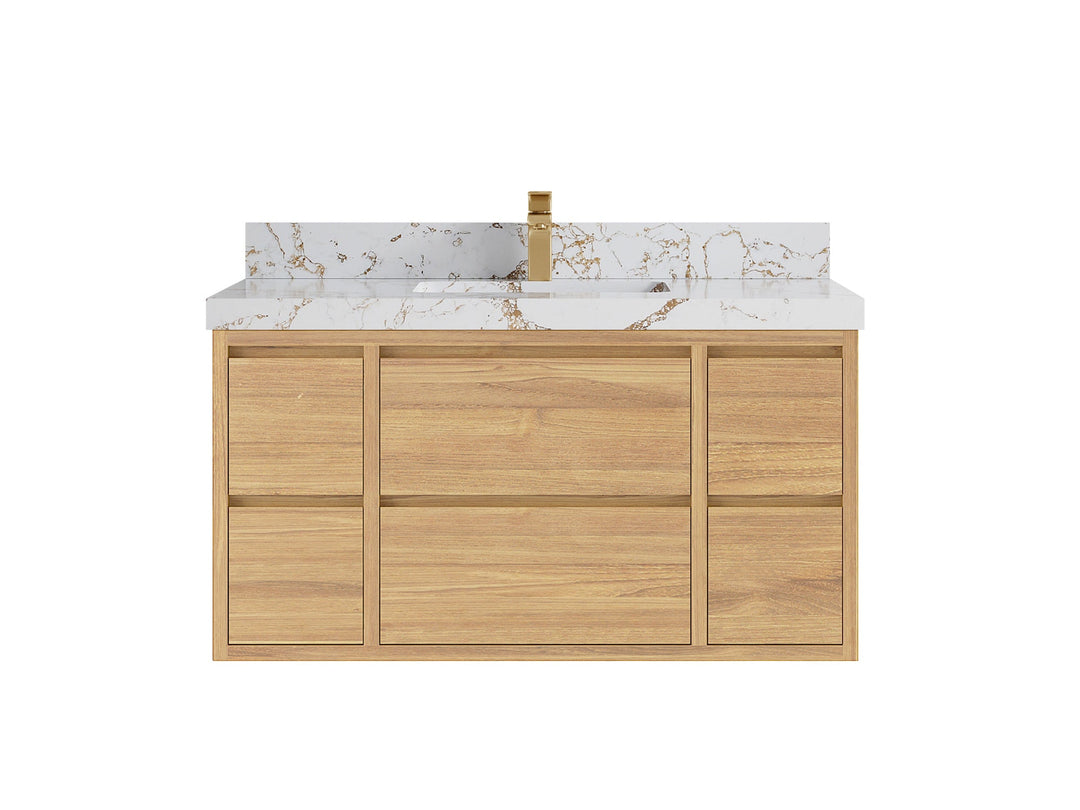 Madison Floating Teak 42 in. W x 22 in. D Single Sink Bathroom Vanity in Light Natural with 2 in Viola Gold Quartz Countertop 
