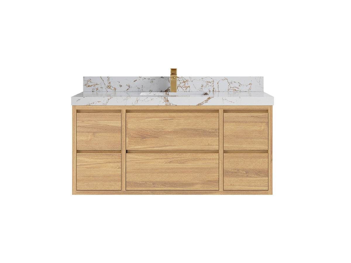Madison Floating Teak 48 in. W x 22 in. D Single Sink Bathroom Vanity in Light Natural with 2 in Viola Gold Quartz Countertop