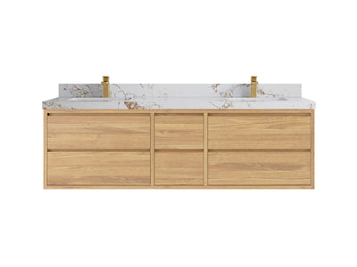Madison Floating Teak 72 in. W x 22 in. D Double Sink Bathroom Vanity in Light Natural with 2 in Viola Gold Quartz Countertop