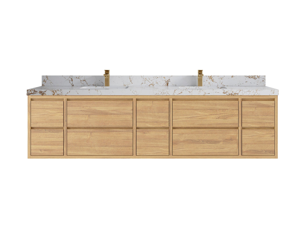 Madison Floating Teak 84 in. W x 22 in. D Double Sink Bathroom Vanity in Light Natural with 2 in Viola Gold Quartz Countertop