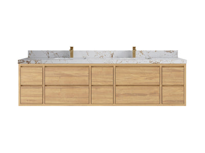 Madison Floating Teak 84 in. W x 22 in. D Double Sink Bathroom Vanity in Light Natural with 2 in Viola Gold Quartz Countertop