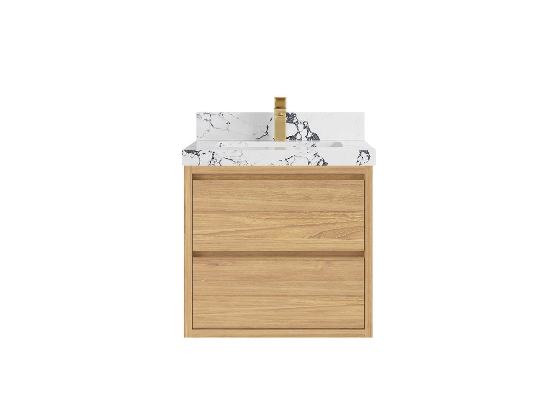 Madison Floating Teak 24 in. W x 22 in. D Single Sink Bathroom Vanity in Light Natural with 2 in Viola Night Quartz Countertop 