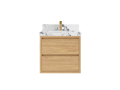Madison Floating Teak 24 in. W x 22 in. D Single Sink Bathroom Vanity in Light Natural with 2 in Viola Night Quartz Countertop
