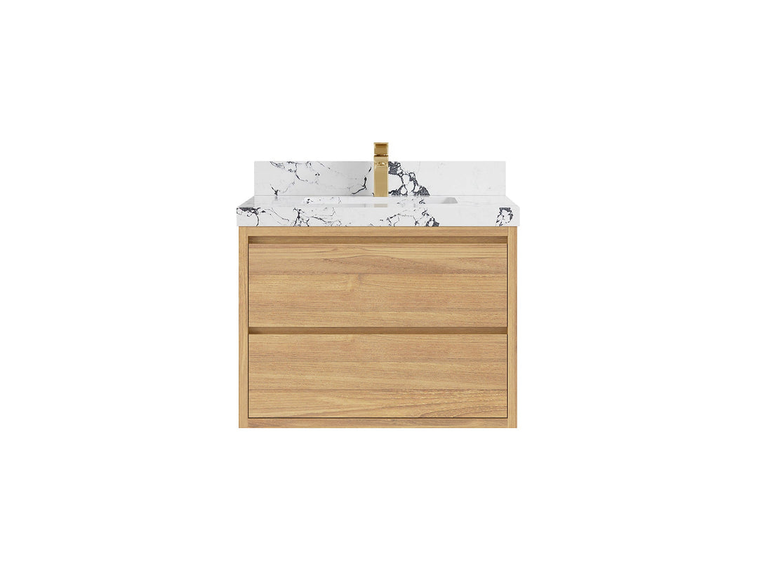 Madison Floating Teak 30 in. W x 22 in. D Single Sink Bathroom Vanity in Light Natural with 2 in Viola Night Quartz Countertop 