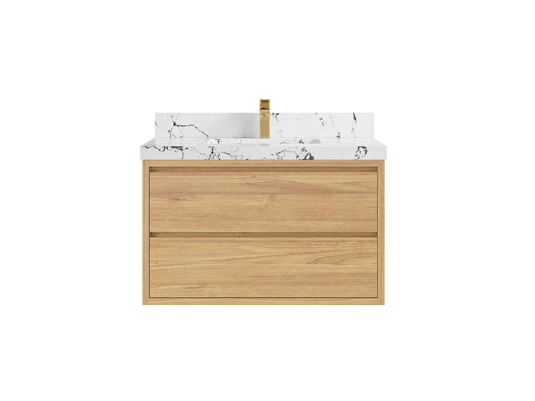 Madison Floating Teak 36 in. W x 22 in. D Single Sink Bathroom Vanity in Light Natural with 2 in Viola Night Quartz Countertop 