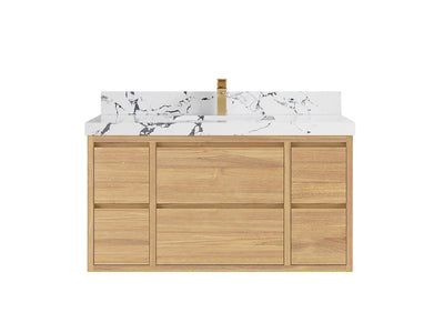 Madison Floating Teak 42 in. W x 22 in. D Single Sink Bathroom Vanity in Light Natural with 2 in Viola Night Quartz Countertop