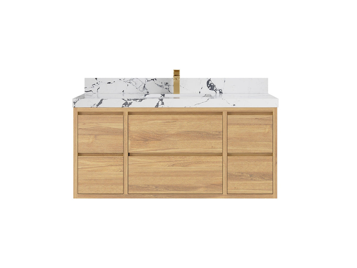 Madison Floating Teak 48 in. W x 22 in. D Single Sink Bathroom Vanity in Light Natural with 2 in Viola Night Quartz Countertop