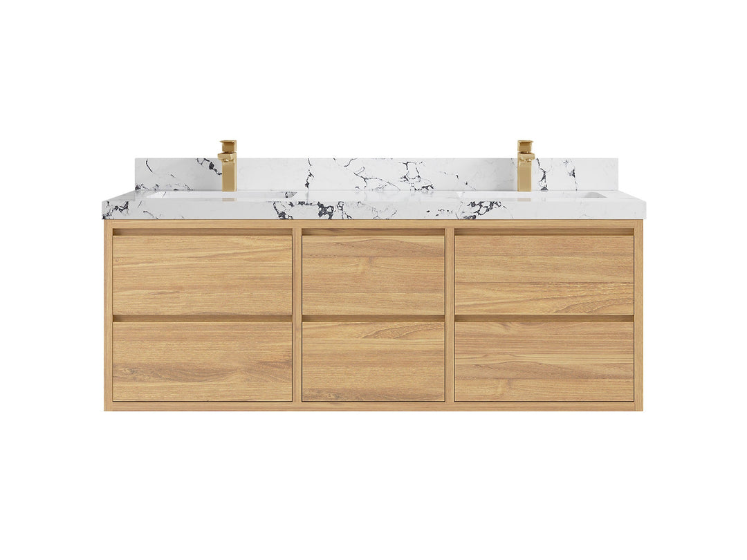 Madison Floating Teak 60 in. W x 22 in. D Double Sink Bathroom Vanity in Light Natural with 2 in Viola Night Quartz Countertop 
