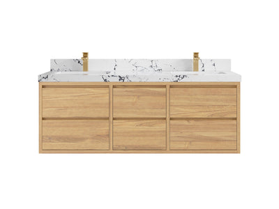 Madison Floating Teak 60 in. W x 22 in. D Double Sink Bathroom Vanity in Light Natural with 2 in Viola Night Quartz Countertop