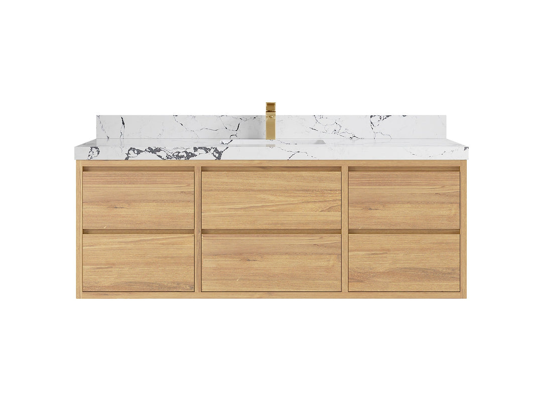 Madison Floating Teak 60 in. W x 22 in. D Single Sink Bathroom Vanity in Light Natural with 2 in Viola Night Quartz Countertop 