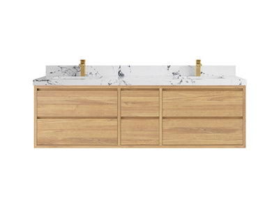 Madison Floating Teak 72 in. W x 22 in. D Double Sink Bathroom Vanity in Light Natural with 2 in Viola Night Quartz Countertop