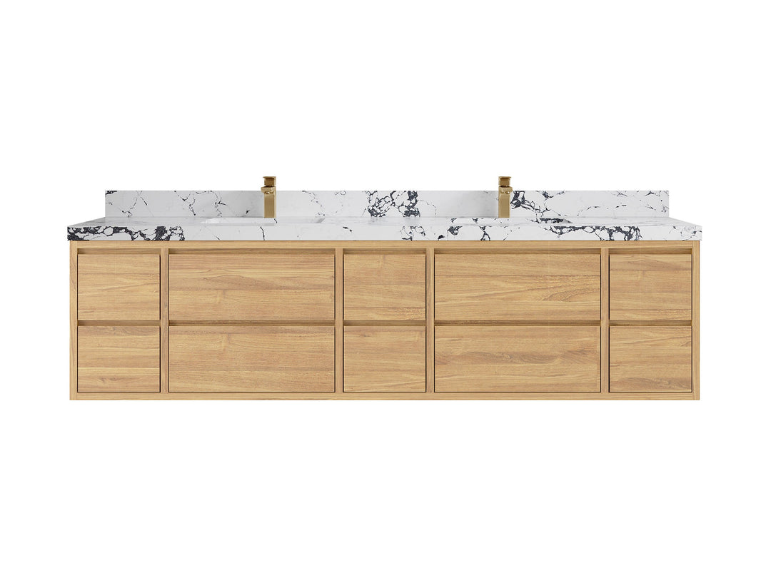 Madison Floating Teak 84 in. W x 22 in. D Double Sink Bathroom Vanity in Light Natural with 2 in Viola Night Quartz Countertop 